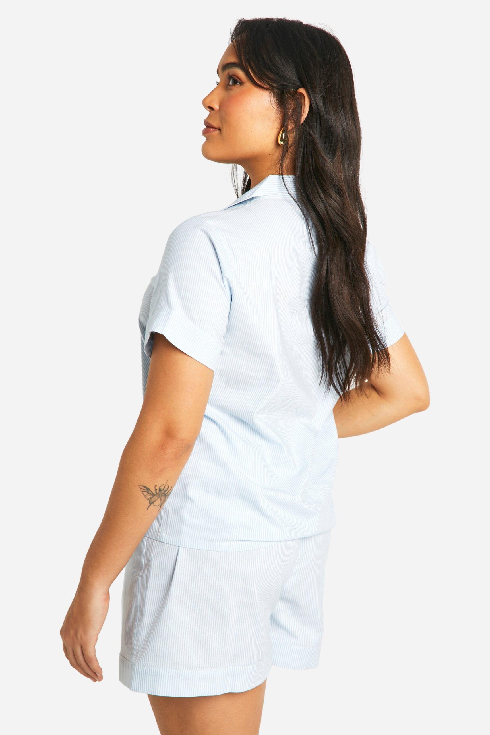 female-light blue-plus-cotton-stripe-button-down-shirt-and-short-pyjama-set