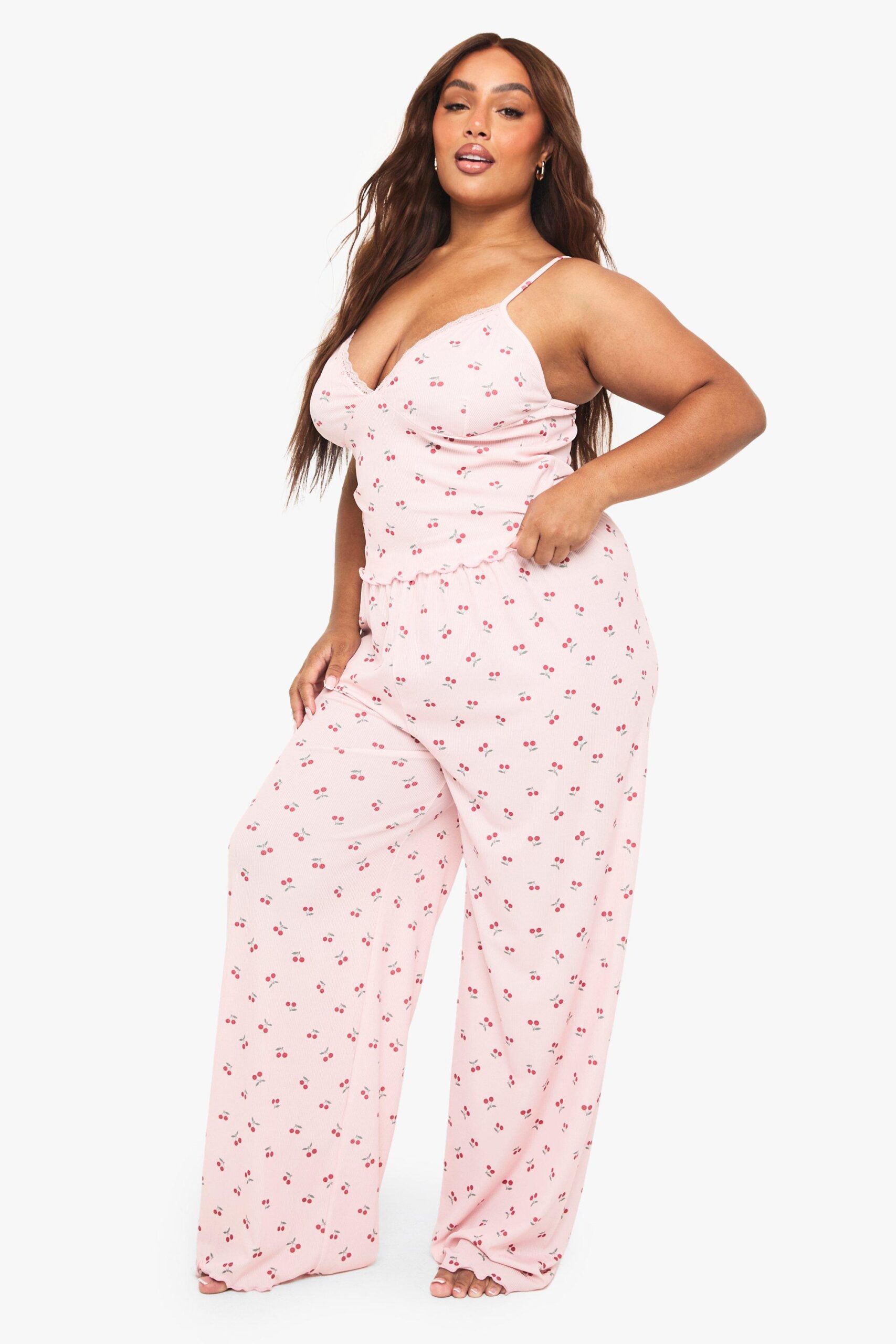 female-pink-plus-cherry-print-lace-trim-cami-top-&-trousers-pyjama-set (1)