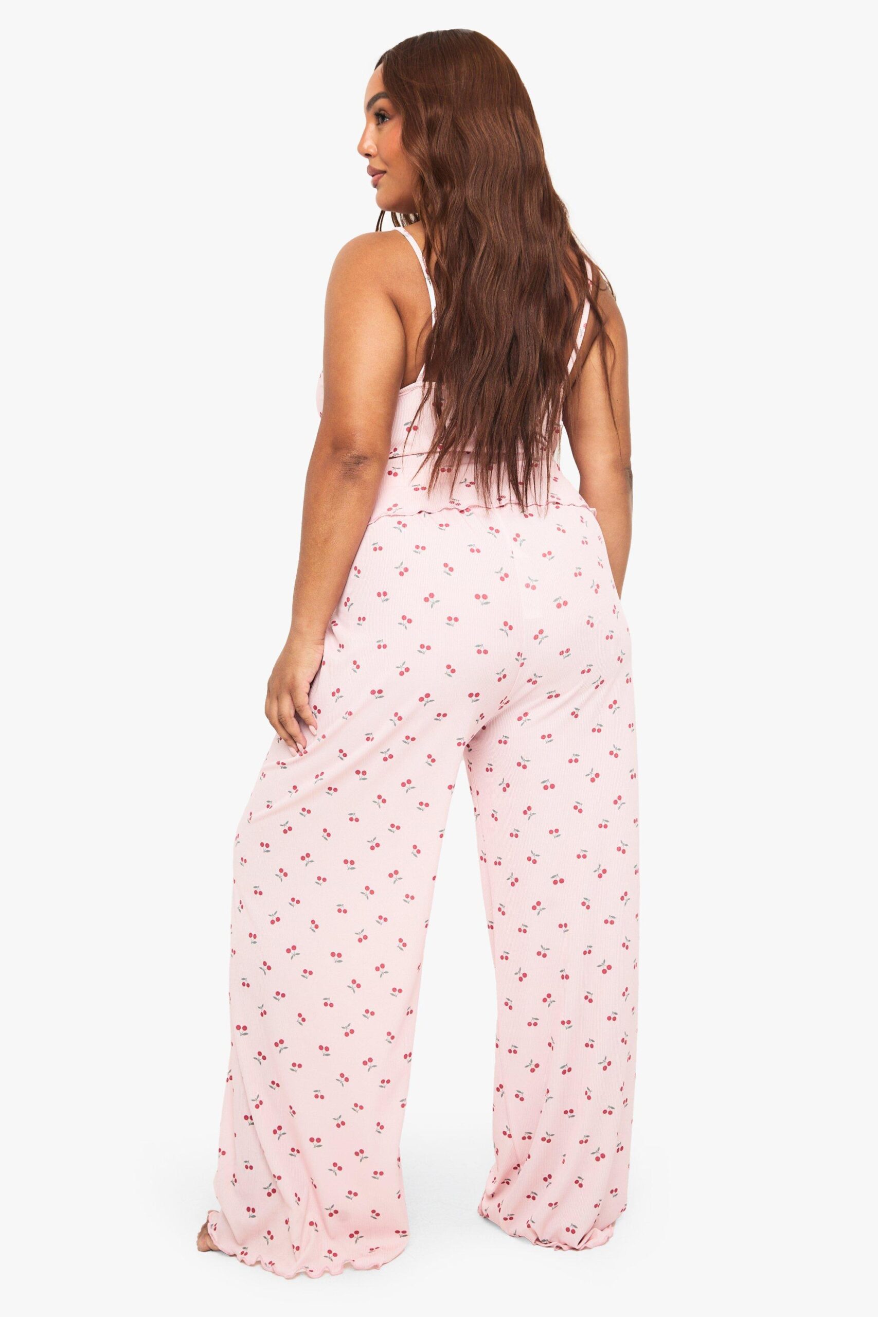 female-pink-plus-cherry-print-lace-trim-cami-top-&-trousers-pyjama-set